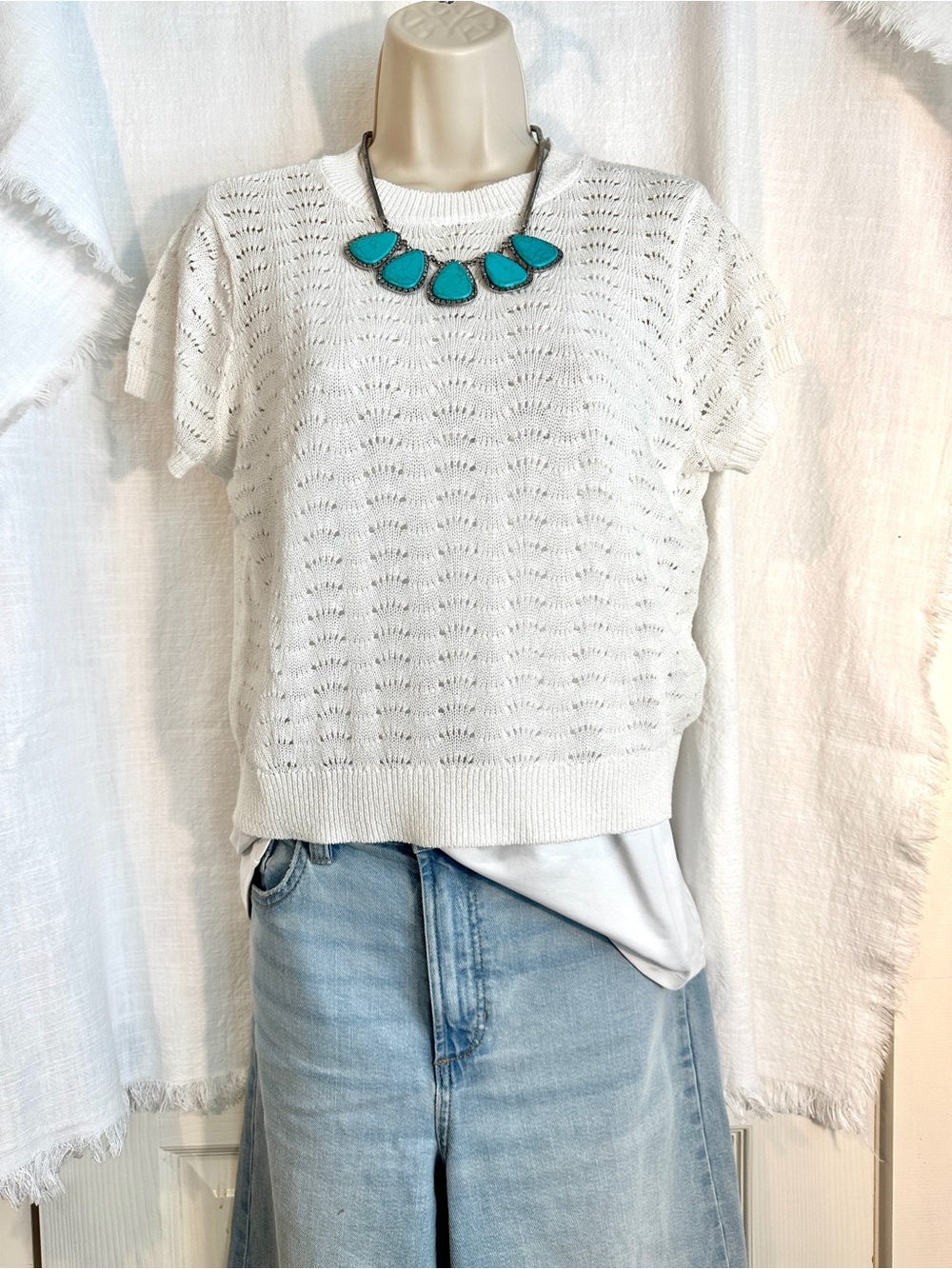 Worthington Cream Openwork Knit Short-Sleeve Top